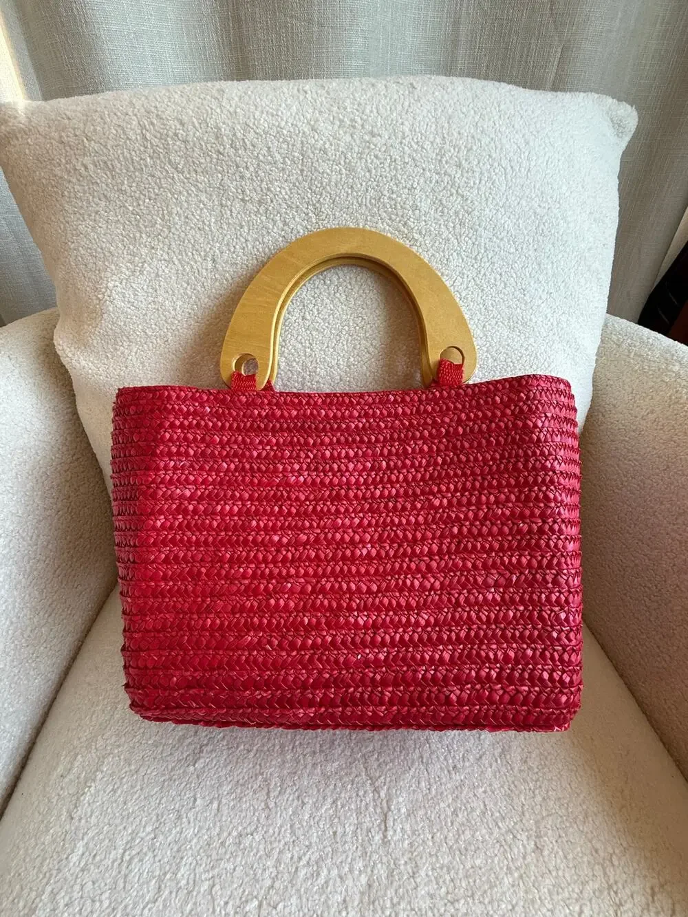 Tote Bag Women's Bright Pink Wood Top Handle Boho Basket Beach Handbag Vintage